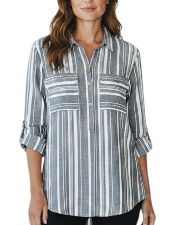 Ellen Tracy Tops - ELLEN TRACY Gray & White Stripe Button-Front Linen Shirt Size Large